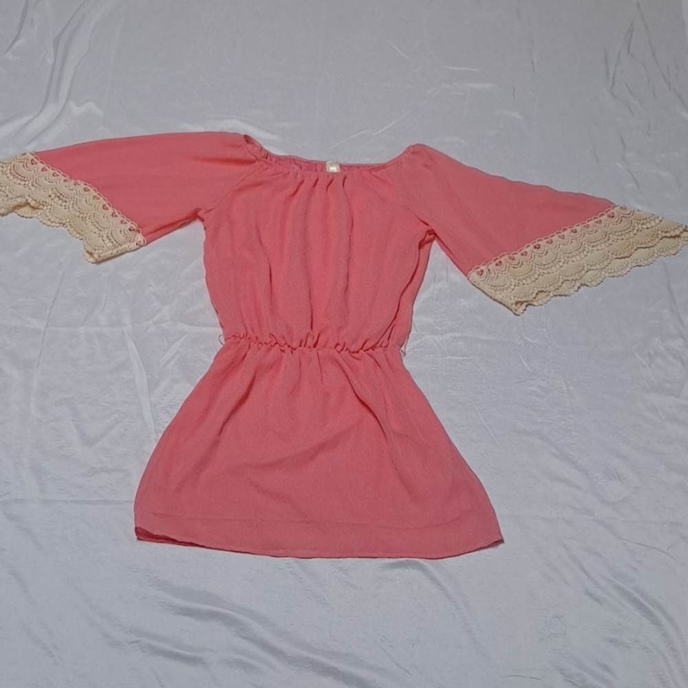 Khloe Inc Fairy Tale Coral 3/4 Length Sleeve Mini Dress with Lace Accents